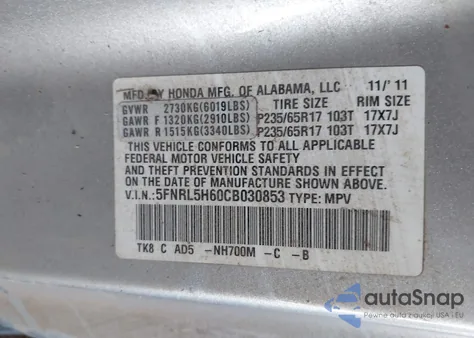 2012 Honda Odyssey Ex-L из США, поврежденный, VIN 5FNRL5H60CB030853